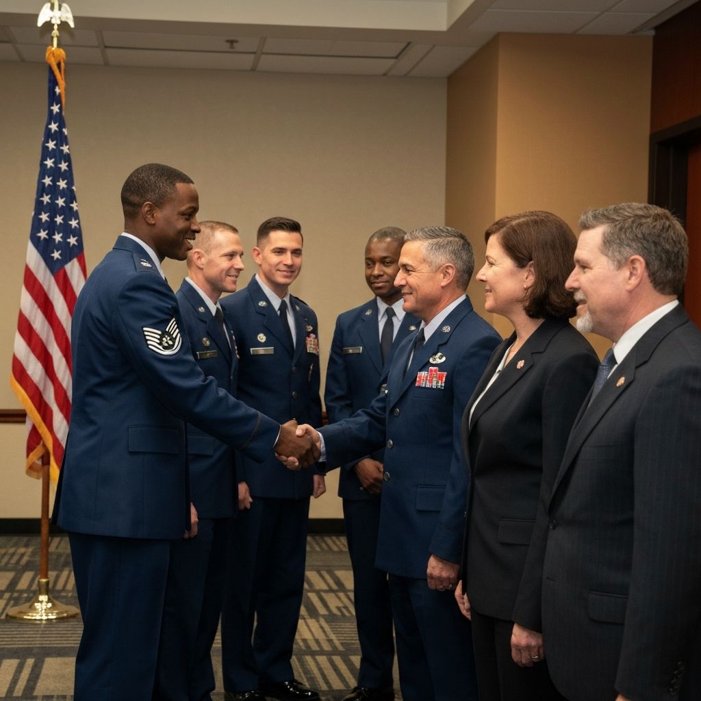 Military officers and civilian community leaders shaking hands at a partnership ceremony